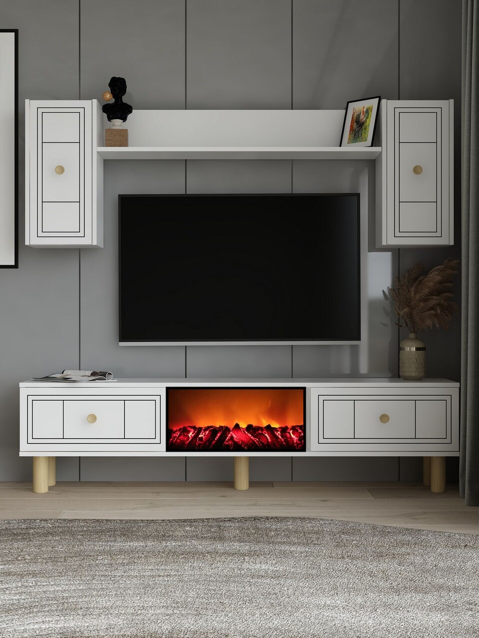 Comoda TV, Hanah Home, Dario Bohem Fireplace, 150x44.6x29.6 cm, PAL , Alb - imagine 7